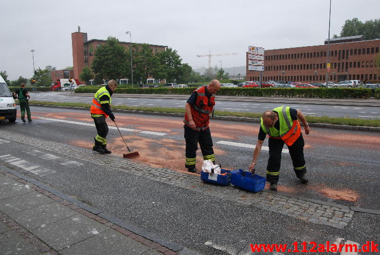 Mindre spild. Damhaven 13 i Vejle. 01/08-2013. Kl. 11:53.