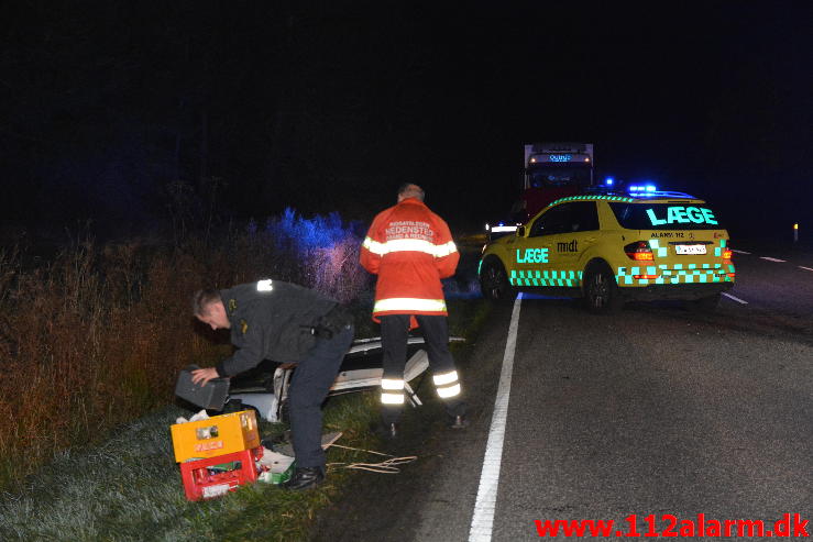 FUH med fastklemt. Viborg h Hovedvej (A13) ved Tørring. 29/10-2014. Kl. 19:57.