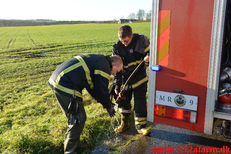 Større forurening Gylleudslip. Hammervej ved Tørring. 06/12-2014. Kl. 09:53.