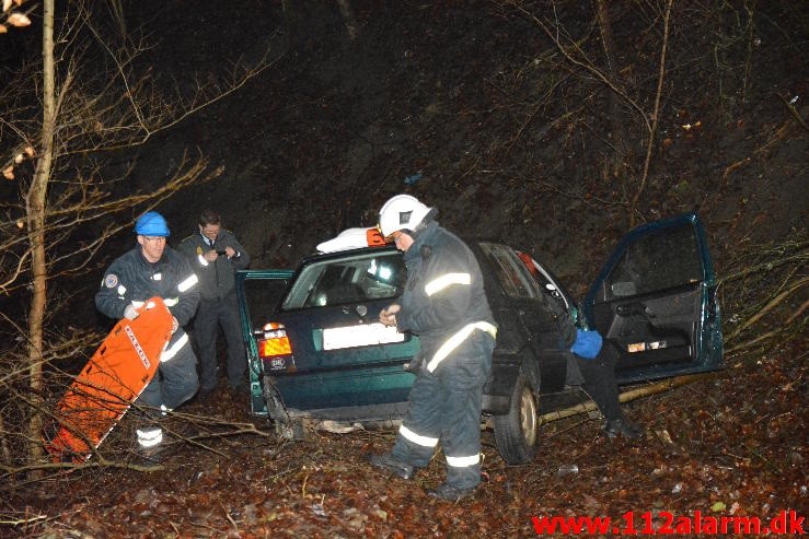 Havnede Ca. 10 meter nede af skrænten. Horsensvej i Vejle.  14/01-2015. Kl. 17:01.