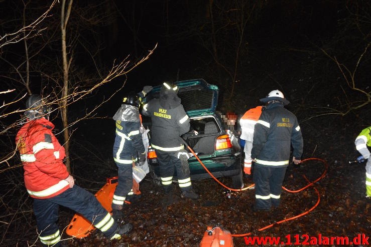 Havnede Ca. 10 meter nede af skrænten. Horsensvej i Vejle.  14/01-2015. Kl. 17:01.