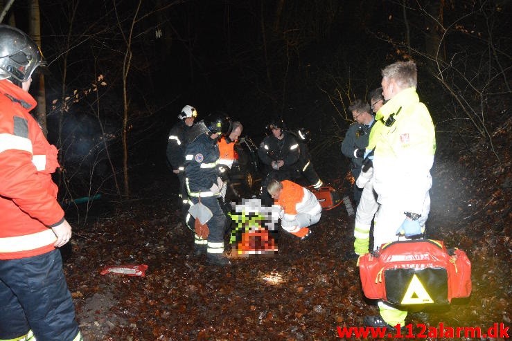 Havnede Ca. 10 meter nede af skrænten. Horsensvej i Vejle.  14/01-2015. Kl. 17:01.