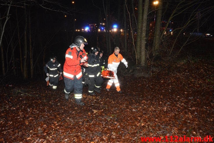 Havnede Ca. 10 meter nede af skrænten. Horsensvej i Vejle.  14/01-2015. Kl. 17:01.