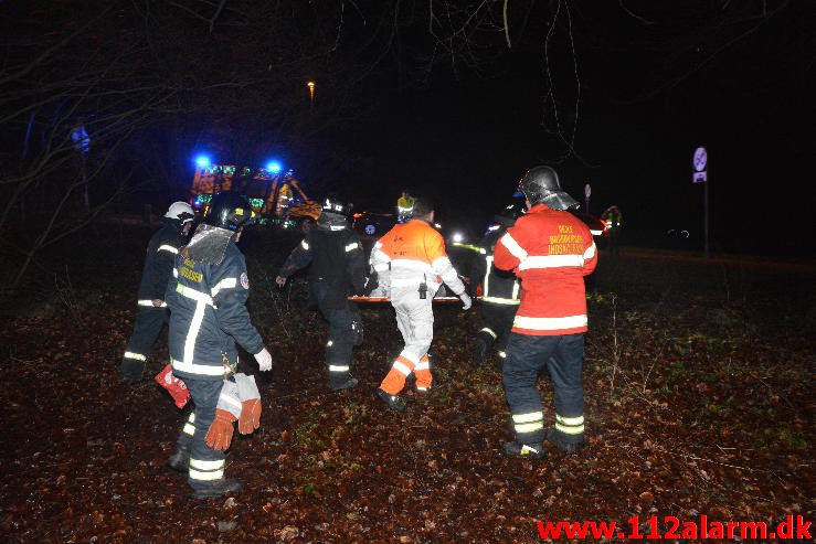 Havnede Ca. 10 meter nede af skrænten. Horsensvej i Vejle.  14/01-2015. Kl. 17:01.