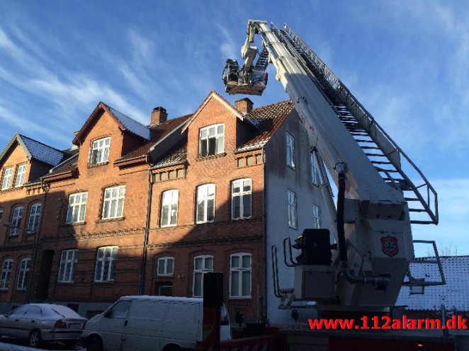 Skorstensbrand i Bleggaardsgade i Vejle. 25/01-2015. Kl. 12:32.