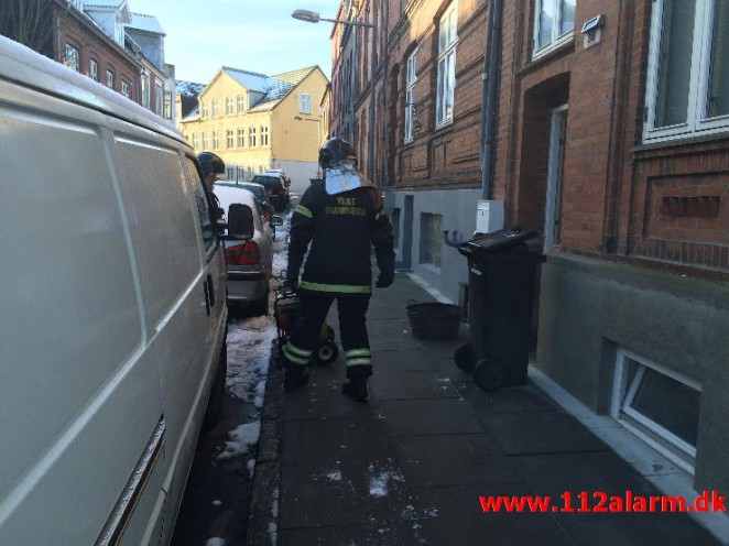 Skorstensbrand i Bleggaardsgade i Vejle. 25/01-2015. Kl. 12:32.