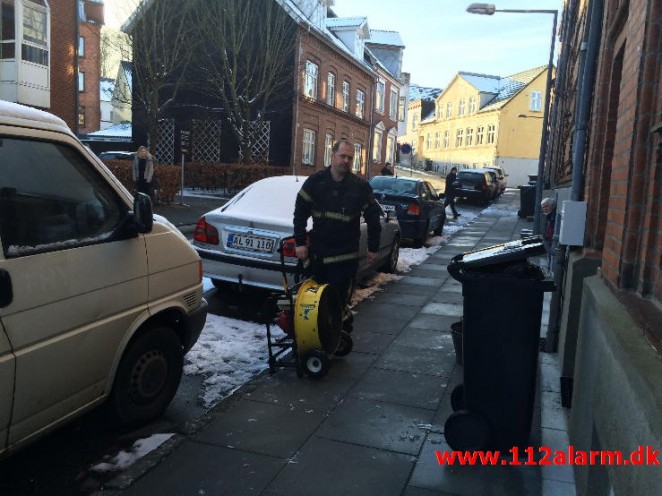 Skorstensbrand i Bleggaardsgade i Vejle. 25/01-2015. Kl. 12:32.