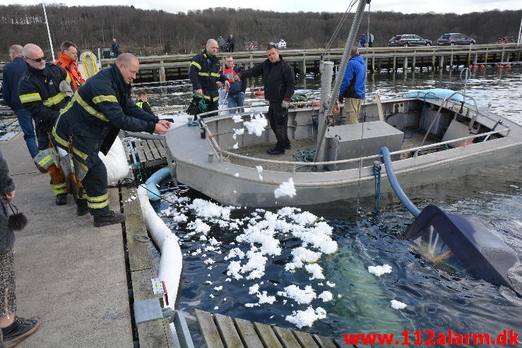 Olie på vandet. Lystbådehavnen i Vejle. 09/04-2016. Kl. 10:56.