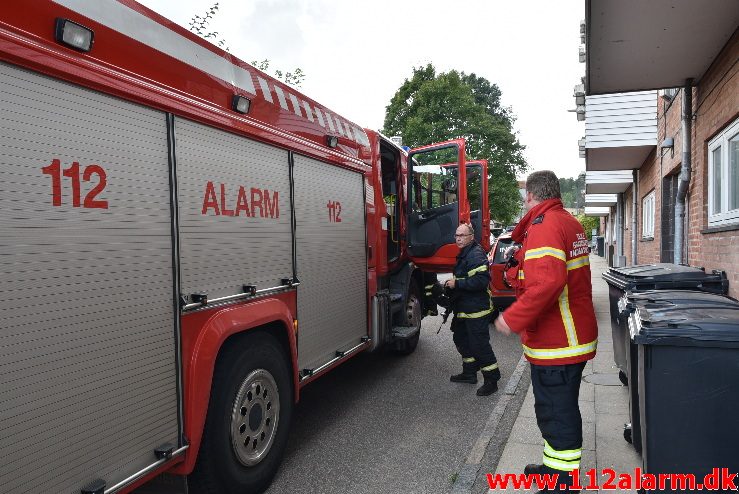 Kunne ikke selv komme ned igen. Gl. Jellingvej i Vejle. 24/08-2017. Kl. 16:42.