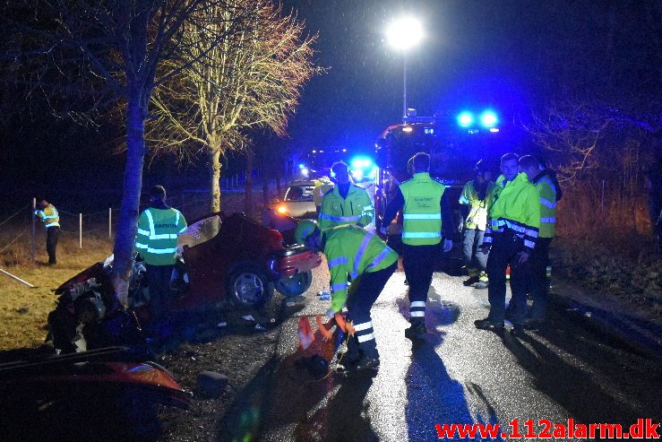 Ramte et træ med voldsom kraft. Højgårdvej ved Holtum. 04/04-2018. Kl. 21:33.