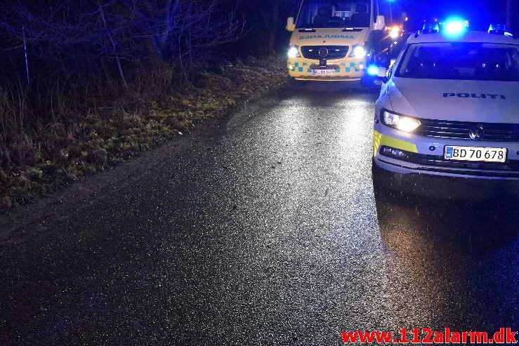 Ramte et træ med voldsom kraft. Højgårdvej ved Holtum. 04/04-2018. Kl. 21:33.