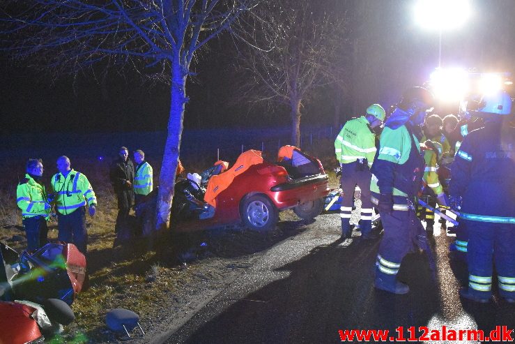 Ramte et træ med voldsom kraft. Højgårdvej ved Holtum. 04/04-2018. Kl. 21:33.