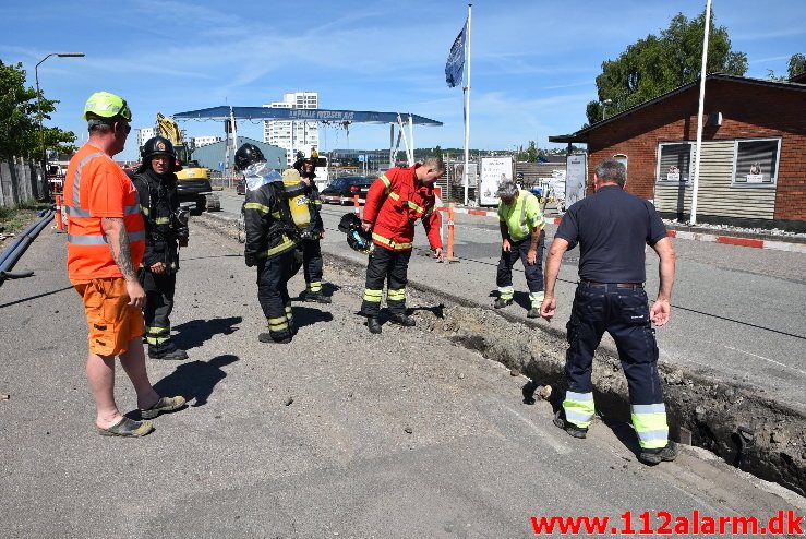 Overgravet gasledning. Sjællandsgade i Vejle. 07/06-2018. Kl. 11:00.