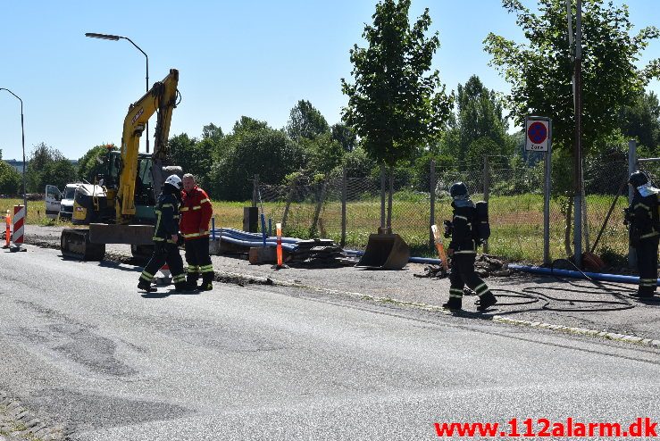 Overgravet gasledning. Sjællandsgade i Vejle. 07/06-2018. Kl. 11:00.