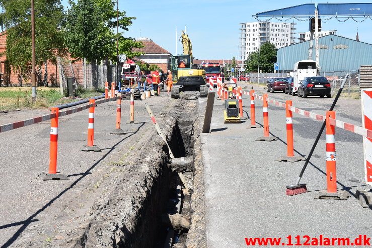 Overgravet gasledning. Sjællandsgade i Vejle. 07/06-2018. Kl. 11:00.