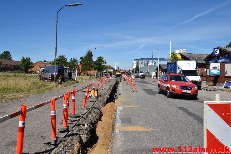 Overgravet gasledning. Sjællandsgade i Vejle. 07/06-2018. Kl. 11:00.