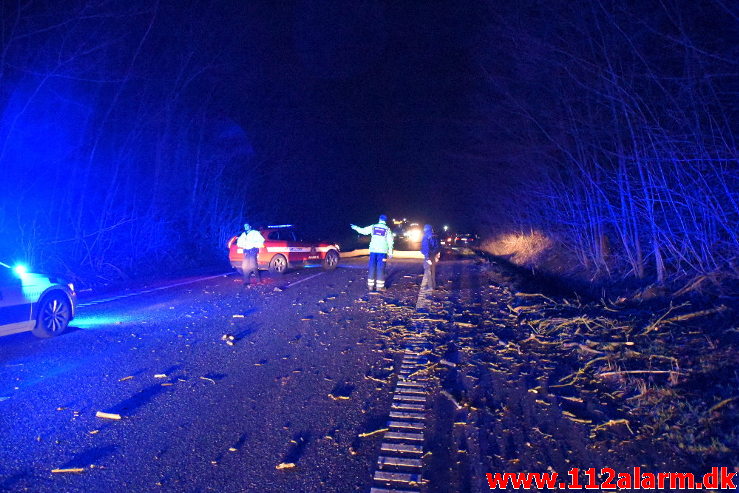 Pludselig lå der et træ tværs over vejen. Koldingvej ved Vejle. 11/01-2020. Kl. 17:54.