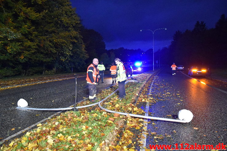 Ramte en lygtepæl. Grønlandsvej her i Vejle. 22/10-2020. Kl. 18:19.