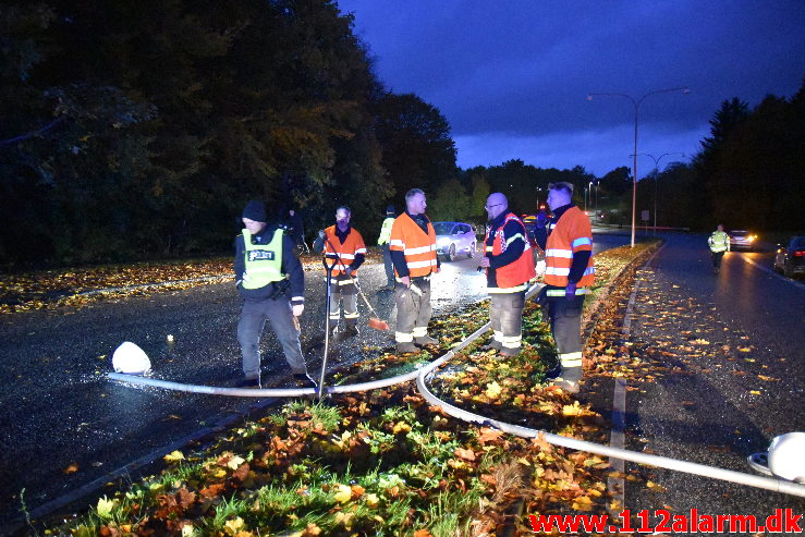 Ramte en lygtepæl. Grønlandsvej her i Vejle. 22/10-2020. Kl. 18:19.