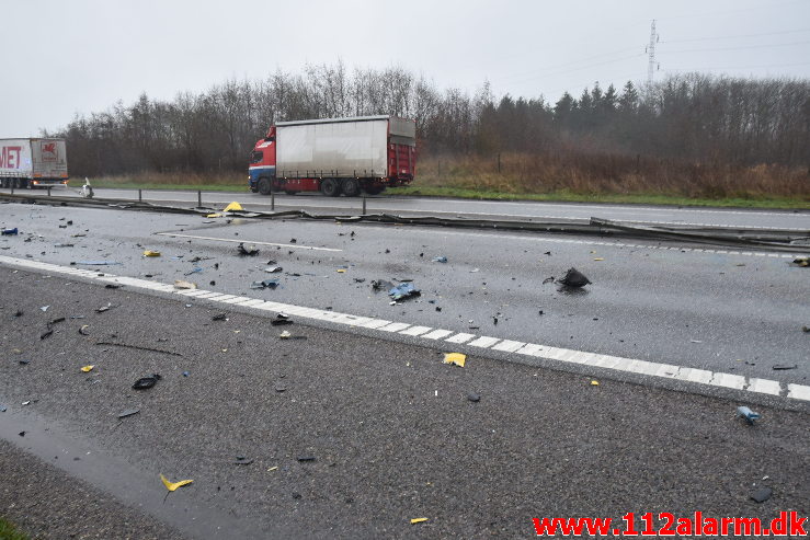 Chaufføren blev dræbt. Midtjyske Motorvej mellem Tørring og Give. 10/12-2020. Kl. 11:12.