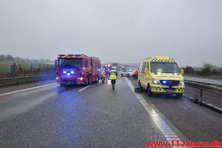 Chaufføren blev dræbt. Midtjyske Motorvej mellem Tørring og Give. 10/12-2020. Kl. 11:12.