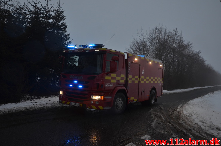 Gårdbrand / Minkhal. Vestermarksvej i Løsning. 16/02-2021. Kl. 13:36.