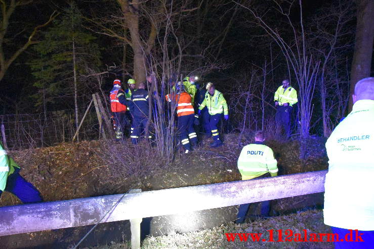 Bilen endte på hovedet i en lille sø. Koldingvej ved Vejle. 29/03-2021. Kl. 21:21.