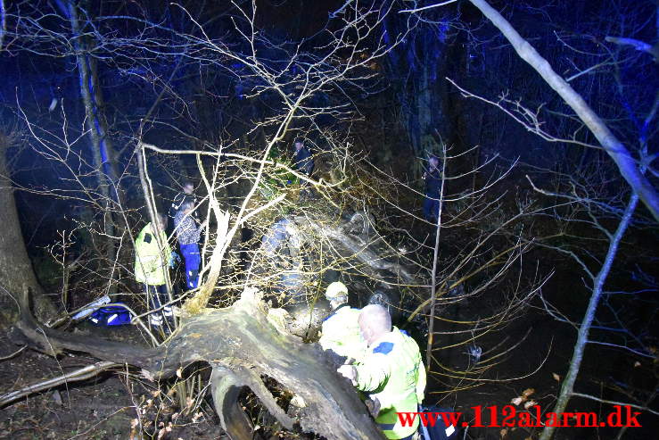 Bilen endte på hovedet i en lille sø. Koldingvej ved Vejle. 29/03-2021. Kl. 21:21.