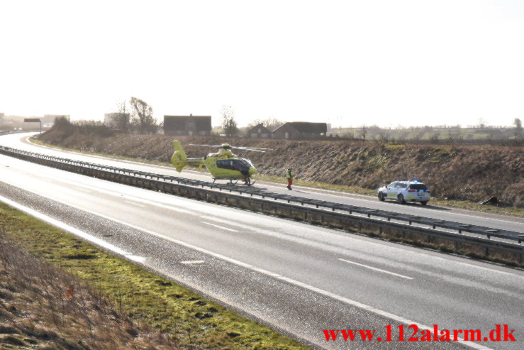 Kørte op bag i lastbil. Midtjyske Motorvej ved Grejs. 02/02-2022. KL. 10:55.