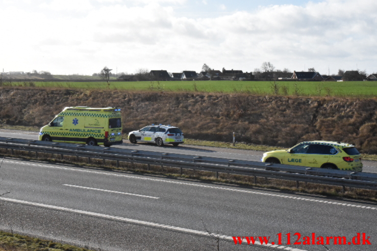 Kørte op bag i lastbil. Midtjyske Motorvej ved Grejs. 02/02-2022. KL. 10:55.