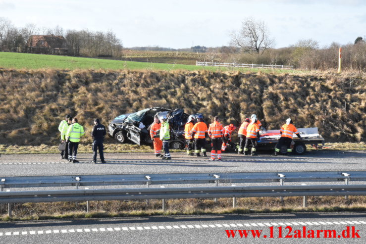 Kørte op bag i lastbil. Midtjyske Motorvej ved Grejs. 02/02-2022. KL. 10:55.