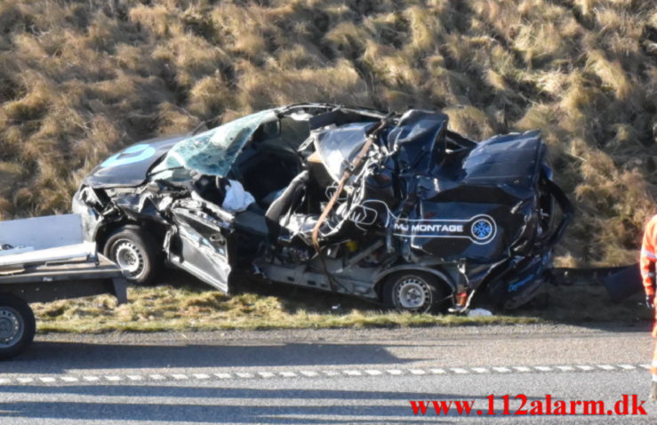 Kørte op bag i lastbil. Midtjyske Motorvej ved Grejs. 02/02-2022. KL. 10:55.