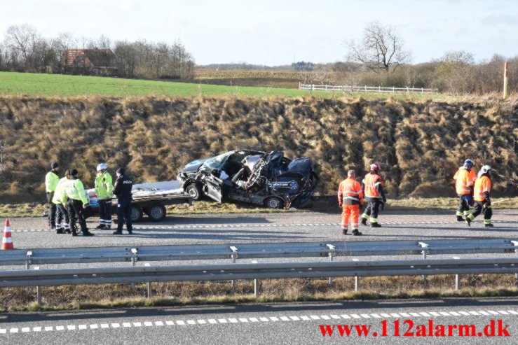 Kørte op bag i lastbil. Midtjyske Motorvej ved Grejs. 02/02-2022. KL. 10:55.