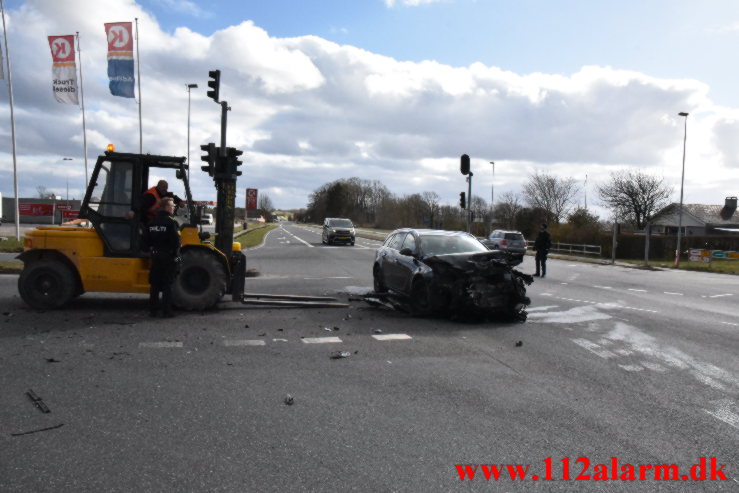 Mindre trafikuheld. Viborg Hovedvej ved Lindved. 05/04-2022. Kl. 16:15.