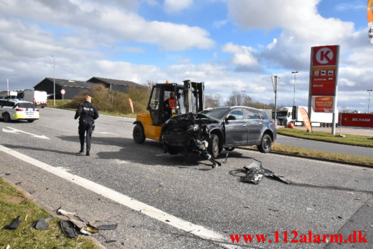 Mindre trafikuheld. Viborg Hovedvej ved Lindved. 05/04-2022. Kl. 16:15.