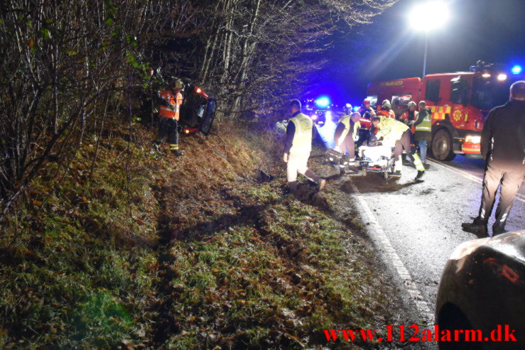 Havnede inde mellem nogle træer. Jellingvej ved Vejle. 27/12-2022. KL. 06:49.