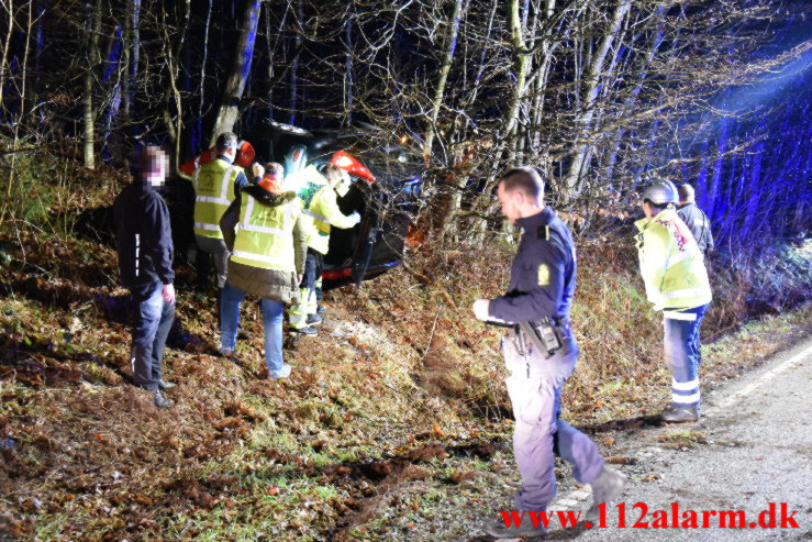 Havnede inde mellem nogle træer. Jellingvej ved Vejle. 27/12-2022. KL. 06:49.