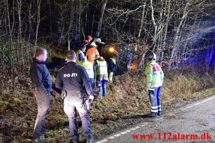 Havnede inde mellem nogle træer. Jellingvej ved Vejle. 27/12-2022. KL. 06:49.