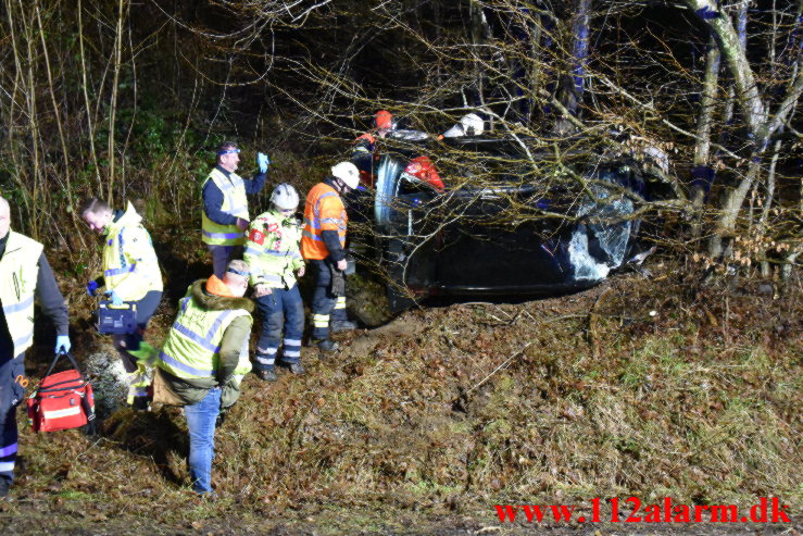 Havnede inde mellem nogle træer. Jellingvej ved Vejle. 27/12-2022. KL. 06:49.