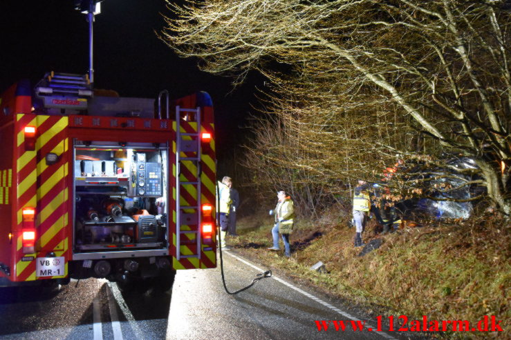 Havnede inde mellem nogle træer. Jellingvej ved Vejle. 27/12-2022. KL. 06:49.