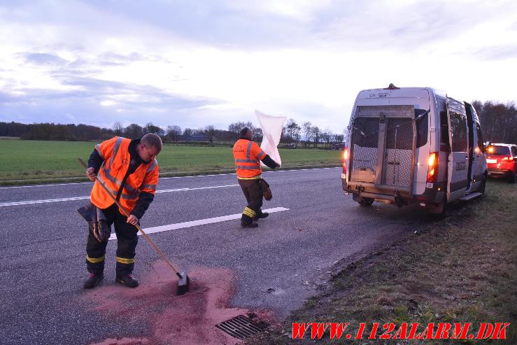 Sprunget hydraulikslange. Vejlevej ved Jelling. 10/11-2023. Kl. 15:58.