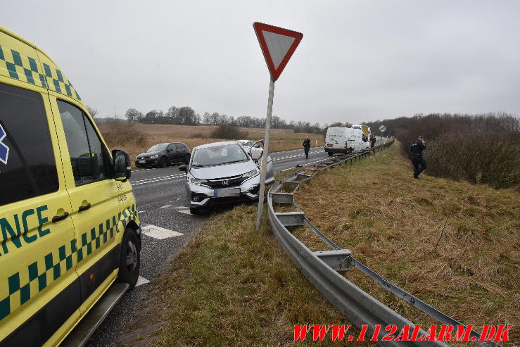 Mindre trafikuheld. Viborg Hovedvej ved Tørring. 12/03-2024. Kl. 13:02.