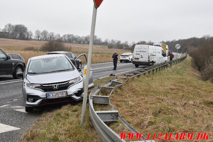 Mindre trafikuheld. Viborg Hovedvej ved Tørring. 12/03-2024. Kl. 13:02.