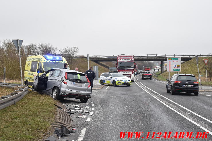 Mindre trafikuheld. Viborg Hovedvej ved Tørring. 12/03-2024. Kl. 13:02.