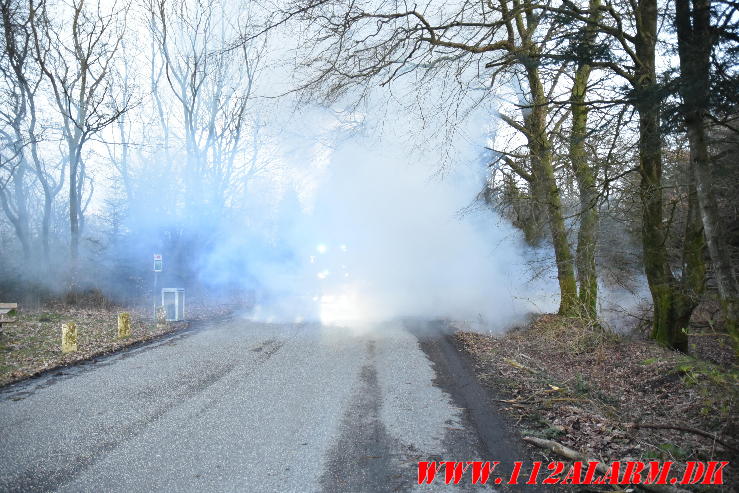 Bilen begyndte at ryge. Bredsten Landevej ved Gadbjerg. 25/03-2024. Kl. 18:40.
